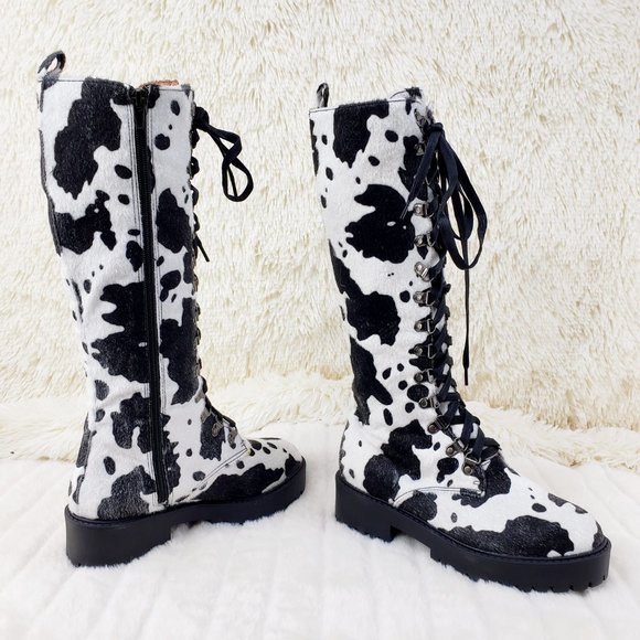 Savage Cow Combat Lace Up Knee Boots Faux Cow Print Brand New - Picture 3 of 17
